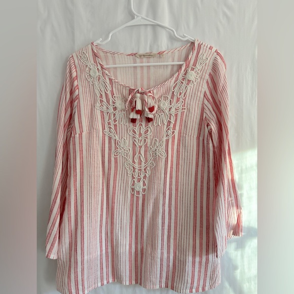 Soft Surroundings Red Orange White Stripe Boho Blouse Tunic Top Size S - Picture 4 of 15